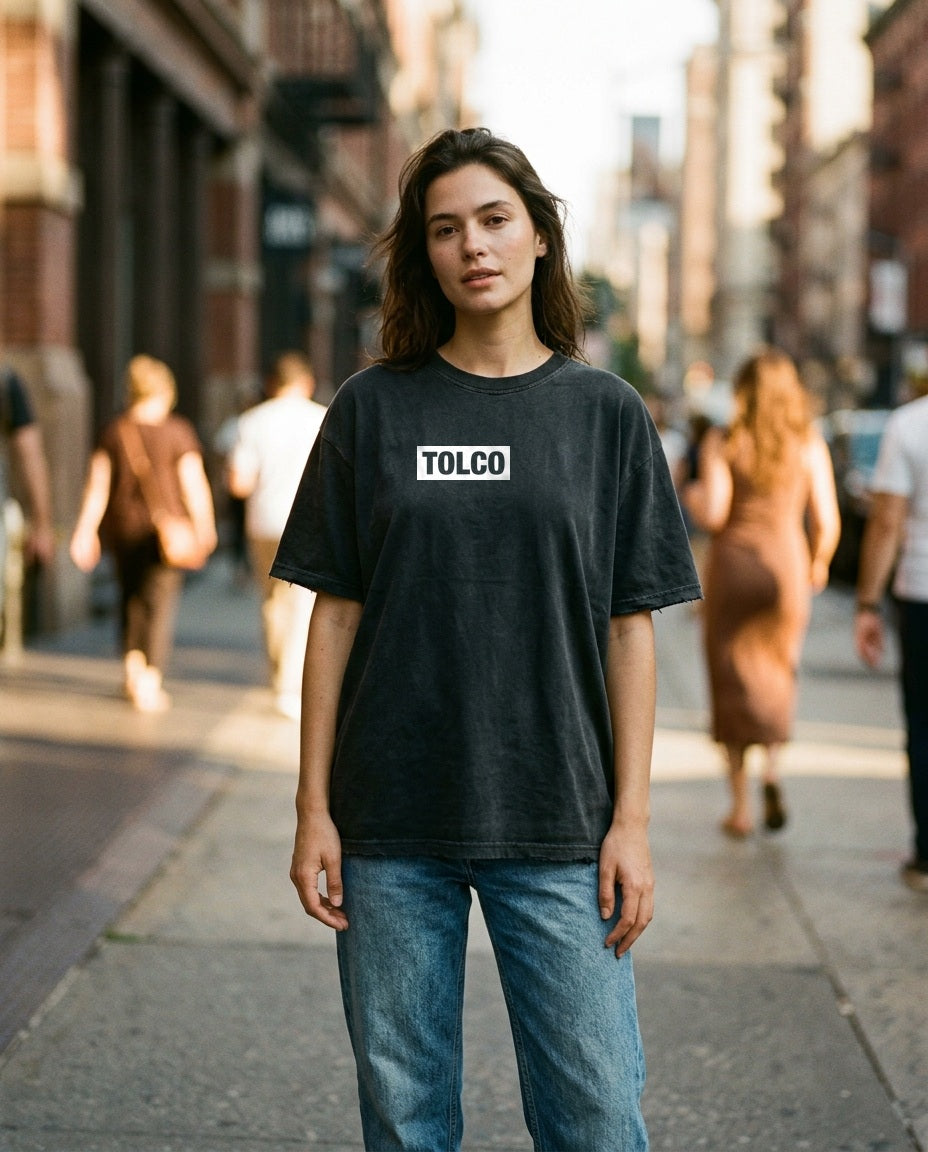 TOLCO on-model: TOLCO. - TAG - Heavyweight Frayed T, front view, worn on the street