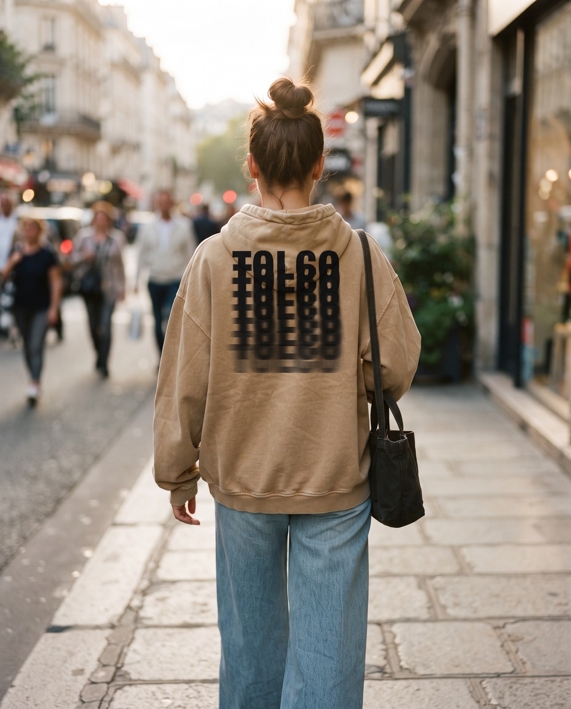 TOLCO on-model: TOLCO. - DRIFT - Snow Washed Hoodie - Sand, back view, worn on the street