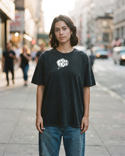 TOLCO on-model: TOLCO. - CORE - Oversized Cotton T - Black, front view, worn on the street