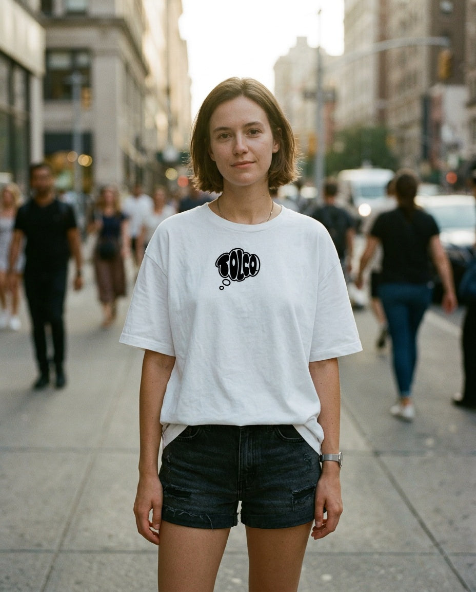 TOLCO on-model: TOLCO. - CORE - Pure Cotton T - White, front view, worn on the street