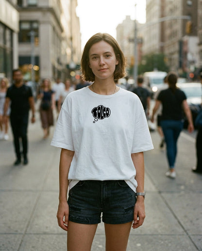 TOLCO on-model: TOLCO. - CORE - Pure Cotton T - White, front view, worn on the street
